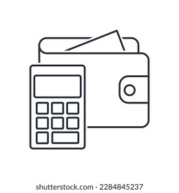 Wallet and calculator. Budget control. Vector linear icon isolated on white background.