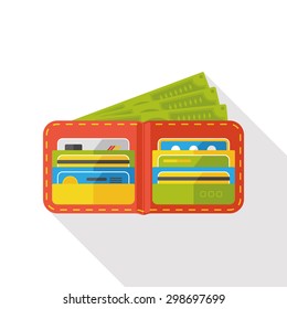 Wallet With Card And Cash Flat Icon With Long Shadow