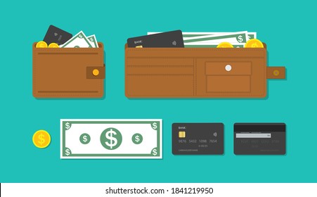 Wallet, card and cash money. Icon of purse with credit card, currency and gold coins. Bank account with salary. Brown leather wallet with pockets. Concept of shopping, finance and payment. Vector.