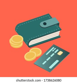 Wallet, card holder, bank card, coins, cash. Vector flat isometric stock illustration. Banner design, announcements of financial support, lending, contribution, banking, commerce. Leather wallet.