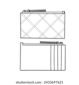Wallet with card holder pocket in the backside. Front, and back view. Flat sketch vector. Outline vector doodle illustration
