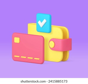 Wallet card success online payment financial balance budget shopping 3d icon realistic vector illustration. Commercial business e money digital currency transfer earnings wealth banking account