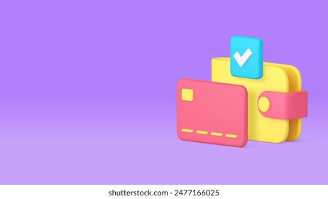 Wallet card success online payment financial balance budget shopping 3d vector banner billboard template. Commercial business e money digital currency transfer earnings wealth banking account