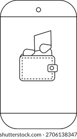 Uma carteira com cartões dentro de uma tela de smartphone ícone preto e branco estilo