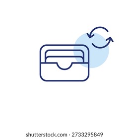 Wallet with cards and refresh arrows. Finance refresh, payment cycle, account renewal. Pixel perfect, editable stroke vector icon