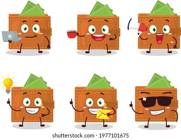 Wallet cartoon character with various types of business emoticons