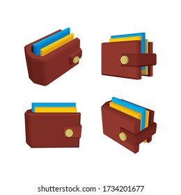 Wallet. Cartoon style isometric wallets with cards in different views and angles. Financial concept vector illustrations set. 