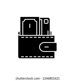 Wallet with cash black icon, vector sign on isolated background. Wallet with cash concept symbol, illustration 