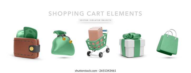 Wallet With Cash, Coin Bag, Shopping Cart, Gift Box, And Shopping Bag Rendered In Minimal 3D Style. Ecommerce, Online Purchase And Retail Symbol Set. Vector Illustration.