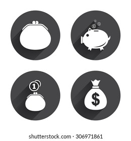 Wallet with cash coin and piggy bank moneybox symbols. Dollar USD currency sign. Circles buttons with long flat shadow. Vector