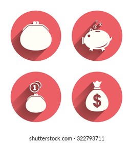 Wallet with cash coin and piggy bank moneybox symbols. Dollar USD currency sign. Pink circles flat buttons with shadow. Vector