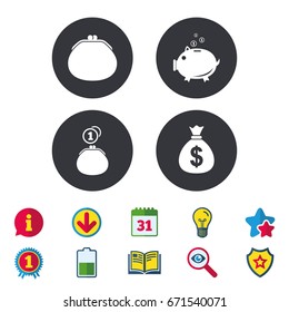 Wallet with cash coin and piggy bank moneybox symbols. Dollar USD currency sign. Calendar, Information and Download signs. Stars, Award and Book icons. Light bulb, Shield and Search. Vector