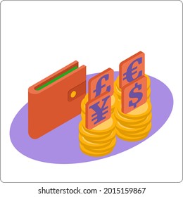 Cartera y efectivo. Monedas y pago por botón. Pago y transferencia de dinero. Cuenta multidivisa y cambio de divisas. Colores planos populares. Ilustración vectorial isométrica 3d.