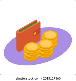 Wallet and cash. Coins. Payment and money transfer. Popular flat colors. Vector isometric 3d illustration.