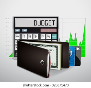 Wallet with cash, credit cards and budget calculator on graph background 