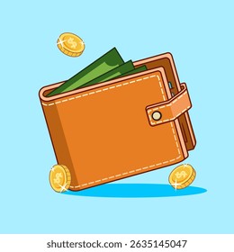 Cartera con dinero en efectivo Dólares y monedas Ilustración vectorial Diseño de dibujos animados