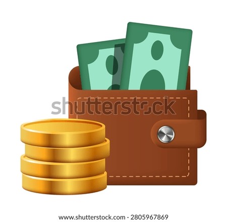 Wallet with cash and gold coins. Vector 3D illustration.