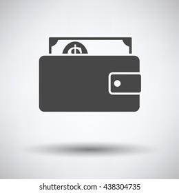 Wallet with cash icon on gray background, round shadow. Vector illustration.