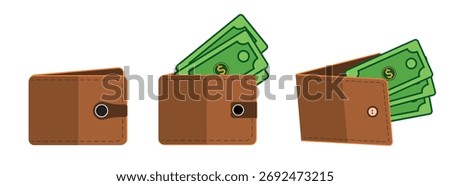 Wallet and cash icon set with brown leather wallets and dollar notes, suitable for finance, payment concepts, savings, money icons, banking materials and business design. Purse icon with banknotes