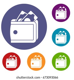 Wallet with cash icons set in flat circle reb, blue and green color for web