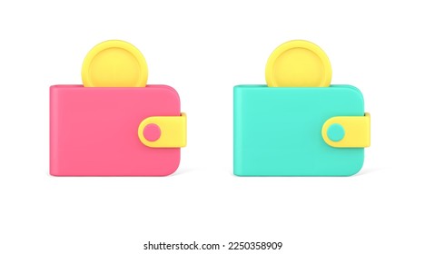 Wallet cash money coin storage and carrying financial budget accessory 3d icon set realistic vector illustration. Finance balance banking account shopping payment credit pay transaction badge