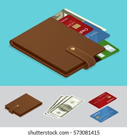 Wallet With Cash Money And Credit Cards. Payment Concept. Vector Isometric Illustration.