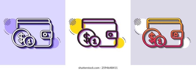 Wallet with Cash money line icon. Halftone dotted pattern. Gradient icon with grain shadow. Dollar currency sign. Payment method symbol. Line buying accessory icon. Various designs. Vector