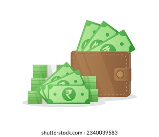 Dinero de la cartera en efectivo con el signo de la rupia. Ilustración vectorial del icono del dinero. Concepto de efectivo, pagos y elementos financieros.