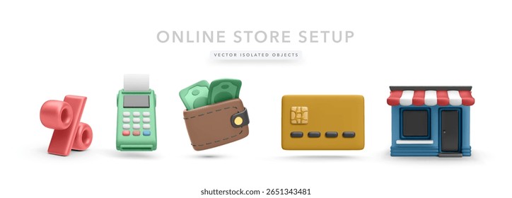 Wallet with Cash, POS Terminal, Credit Card, Discount Symbol, and Storefront Icons in Smooth 3D Style. Ideal Vector Illustration for Online Payments and Store Setup Graphics.