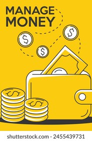 Wallet with cash and stack of dollar coins, vector minimalist poster, a4 format. Budget savings, manage money, financial planning creative concept. For banner, advertisement, cover, web