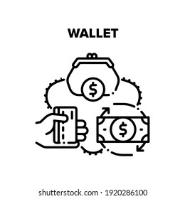 Wallet With Cash Vector Icon Concept. Wallet Accessory For Storaging Money Banknotes And Credit Card, Finance Storage And Carrying. Dollar Currency Exchange And Financial Turnover Black Illustration