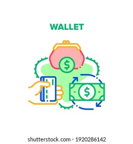 Wallet With Cash Vector Icon Concept. Wallet Accessory For Storaging Money Banknotes And Credit Card, Finance Storage And Carrying. Dollar Currency Exchange And Financial Turnover Color Illustration