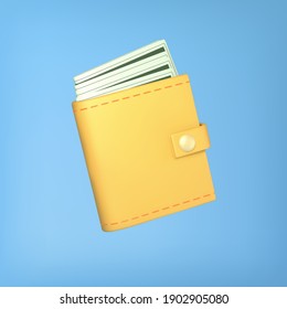 Wallet with cash. Yellow purse. Illustration on the theme of finance, business, payment. Vector EPS 10.