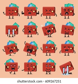 Juego de emojis del personaje de la billetera. Divertidos emoticones de dibujos animados