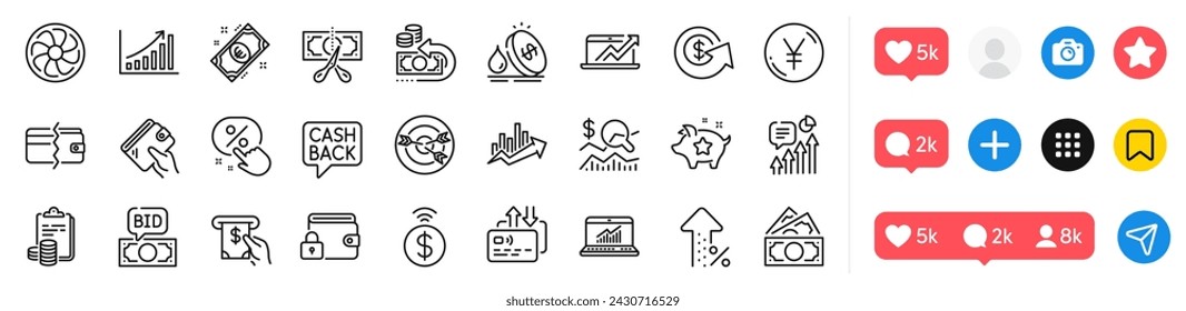 Wallet, Check investment and Contactless payment line icons pack. Social media icons. Targeting, Money transfer, Increasing percent web icon. Payment methods, Bid offer, Card pictogram. Vector