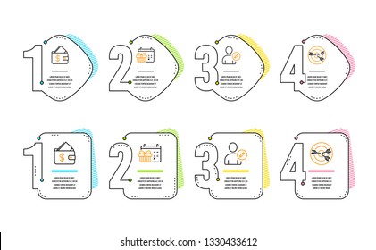 Wallet, Christmas calendar and Edit user icons simple set. Targeting sign. Affordability, Presents day, Profile data. Target with arrows. Business set. Infographic timeline. Line wallet icon. Vector