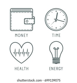 Wallet, clock, heart, cardiogram, bulb icon black vector illustration isolated on a white background. Concept of of saving money, time, health and vitality and energy