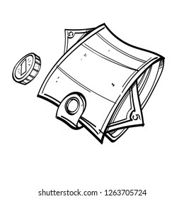 The wallet is closed on the button, a $ 5 bill juts out of it, 1 cent is near. Black and white vector drawing.