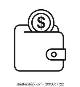 Wallet with coin and dollar symbol. Simple outline black and white vector icon. Thin lines