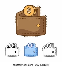 wallet with coin dollar vector icon isolated on white background. saving money in wallet. filled line, outline, solid, blue, icon. Signs and symbols can be used for web, logo, mobile app, UI, UX