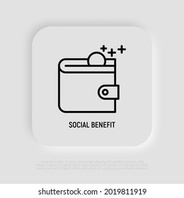 Cartera con moneda volando dentro del icono de la línea delgada. Símbolo de prestaciones sociales para refugiados, pensionistas, discapacitados. Ilustración vectorial moderna.
