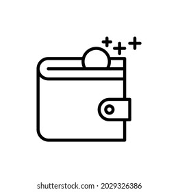 Wallet with coin flying inside thin line icon. Symbol of social benefits for refugee, pensioners, disabled. Modern vector illustration.