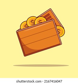 Wallet and coin isolated on yellow background, icon for economy, vector illustration