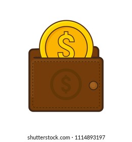 Wallet with coin in in line art style. Simple vector illustration. Flat style.