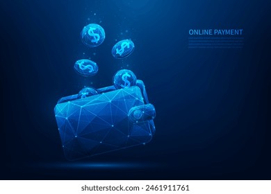 wallet and coin money payment technology low poly wireframe. cashback money refund. online banking transfer.vector illustration fantastic design.