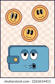 Wallet with coin in old cartoon style. Money saving. Money managemen concept. Vector illustration