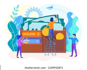 Wallet with coins, banknotes and credit cards. Characters young people Bank employees accountants ensure the profit and safety of funds in your wallet. Vector illustration.