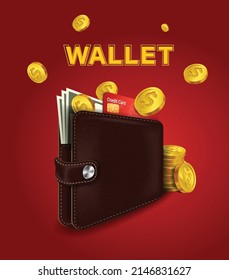 wallet with coins, banknotes and credit cards inside all on red background.