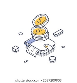 Wallet with coins being stacked on top, symbolizing transactions and financial activity. The line art style emphasizes clarity and modern design, ideal for infographics. Vector illustration