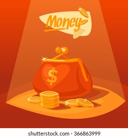 Wallet and coins in cartoon style. Vector illustration on red background.